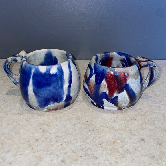 Studio Pottery Drip Glaze Cups Coffee Tea Set of 2 Handmade Artist Signed - Picture 1 of 13